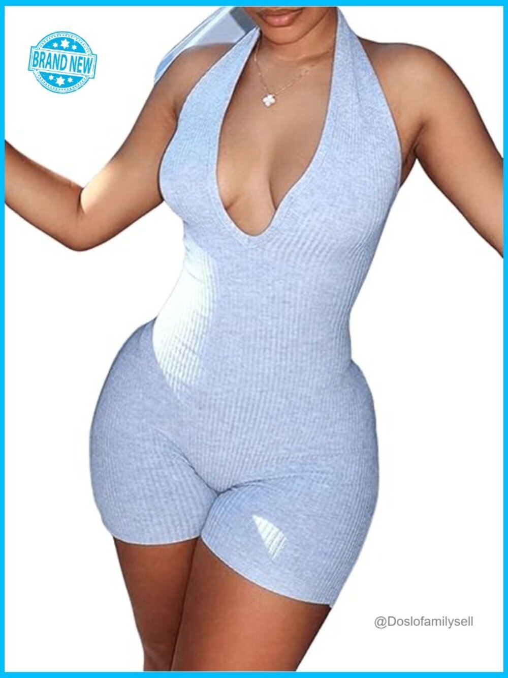 Deep V Neck Sleeveless Halter Romper Lace Up Backless Skinny Knit Tank Jumpsuit